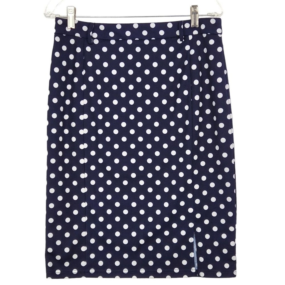 Kate Kasin Womens Pencil Skirt Size Large Black White Polka Dot Stretch Midi